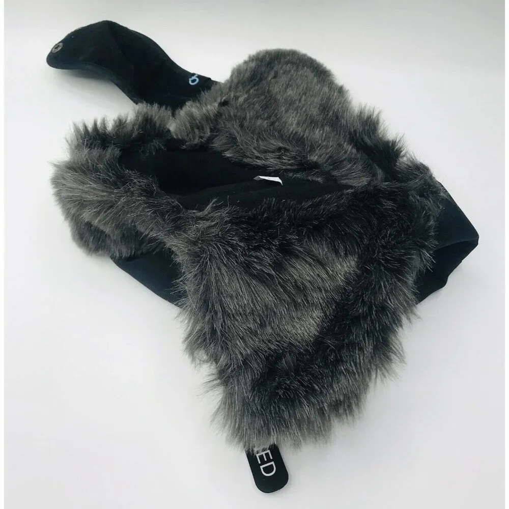 Cold Front Winter Hat Boys Size 8-16 Black Gray Faux Fur Mouth Cover Fleece Line